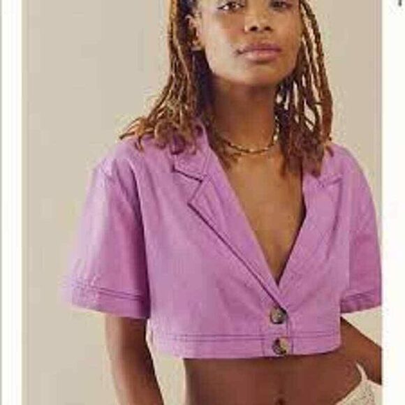 NWT‎ Free People Honey Dew Crop Top Button Down Linen Blend Purple Size S ($78) - Picture 1 of 10